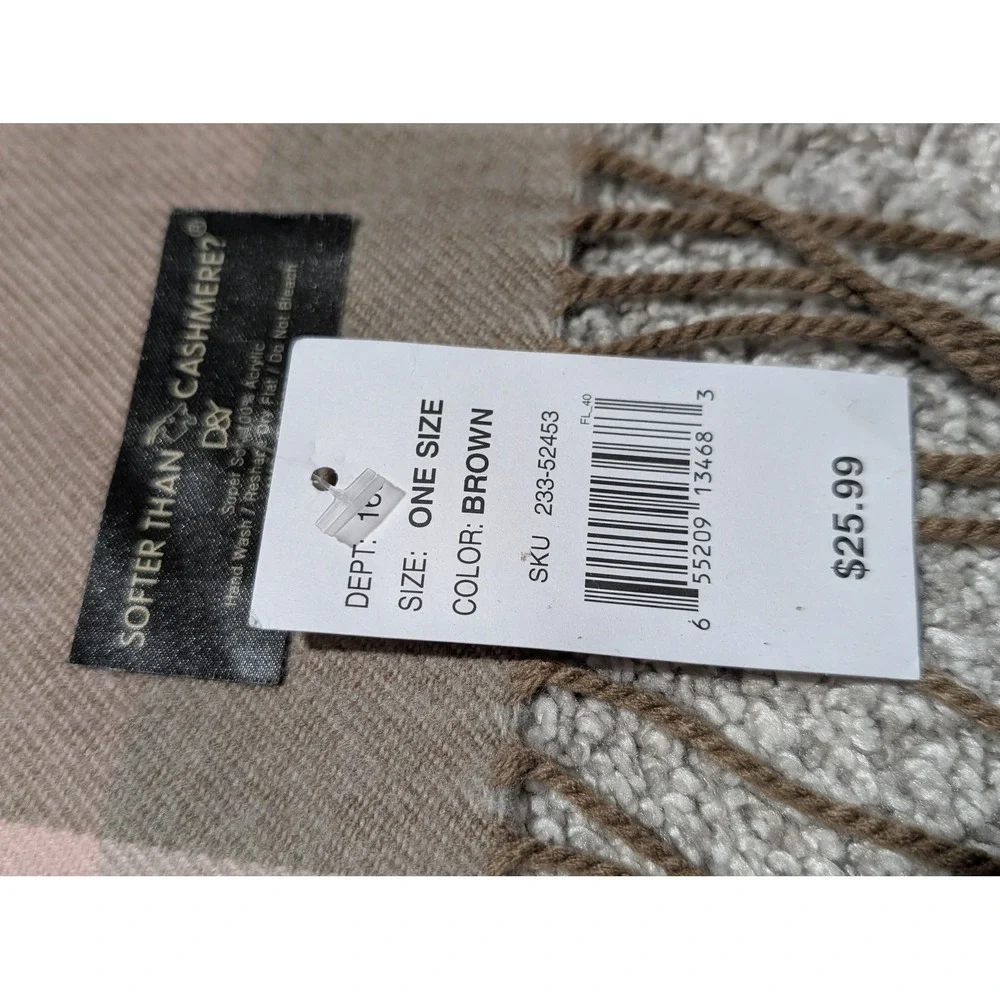 D&Y Scarf‎ Women Brown Pink Plaid Softer Than Cashmere Acrylic Fringe Wrap New